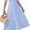 Connecteri Women's 2024 Summer Short Puff Sleeve Crewneck Smocked Floral Lace Flowy A Line Tiered Maxi Dresses