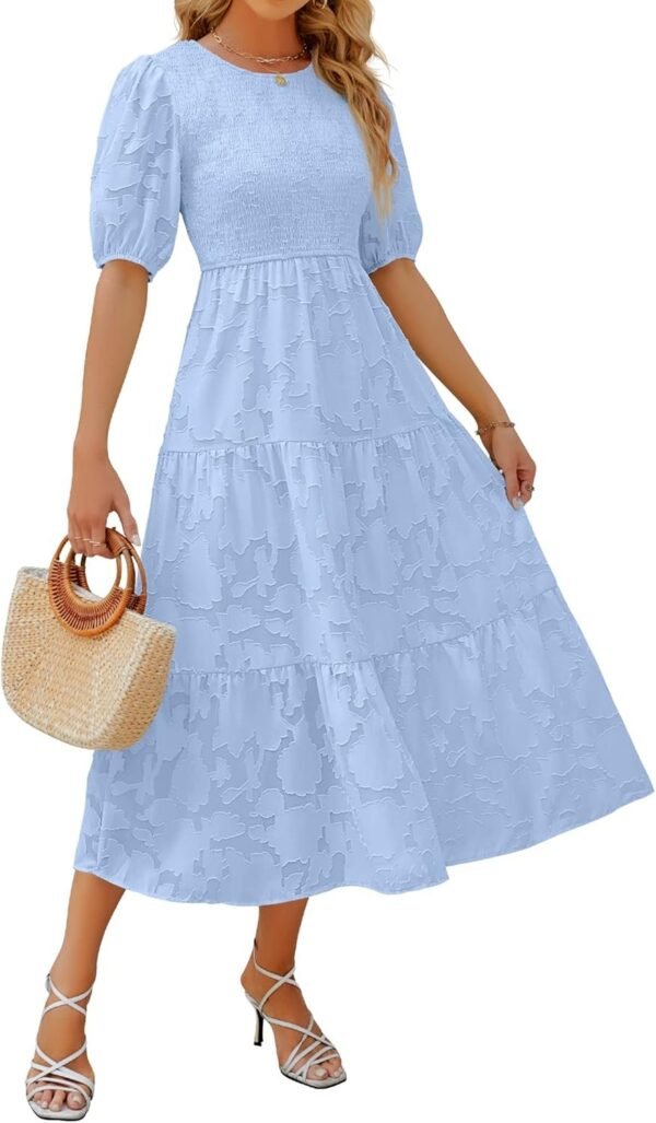 Connecteri Women's 2024 Summer Short Puff Sleeve Crewneck Smocked Floral Lace Flowy A Line Tiered Maxi Dresses