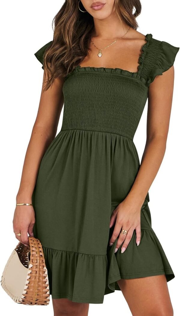 Connecteri  Womens Summer Casual Sleeveless Square Neck Smocked Ruffle Backless Boho Mini Dress 2024 Trendy Short Sundress