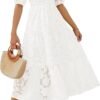 Connecteri Women's 2024 Summer Short Puff Sleeve Crewneck Smocked Floral Lace Flowy A Line Tiered Maxi Dresses
