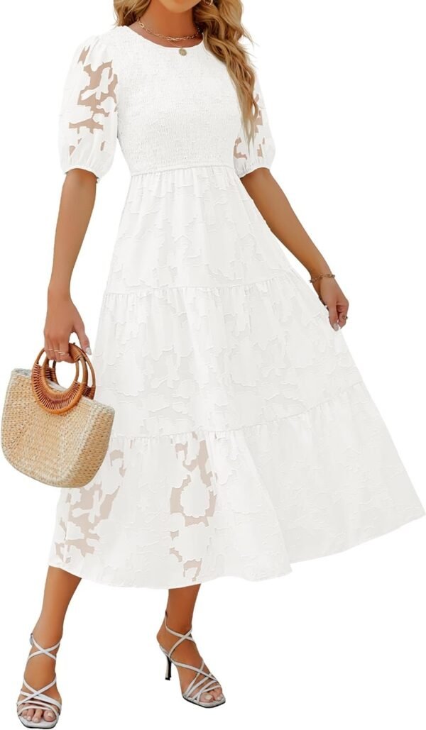 Connecteri Women's 2024 Summer Short Puff Sleeve Crewneck Smocked Floral Lace Flowy A Line Tiered Maxi Dresses