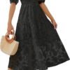 Connecteri Women's 2024 Summer Short Puff Sleeve Crewneck Smocked Floral Lace Flowy A Line Tiered Maxi Dresses