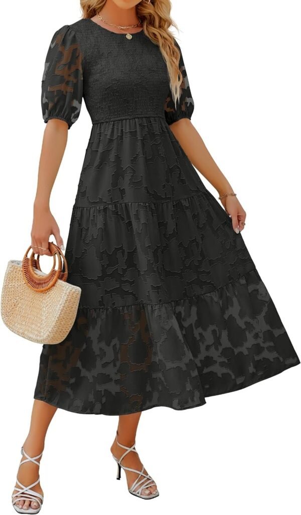 Connecteri Women's 2024 Summer Short Puff Sleeve Crewneck Smocked Floral Lace Flowy A Line Tiered Maxi Dresses