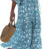 Connecteri  Womens Loose Fit Casual Summer V Neck Half Sleeve Bohemian Geometric Pattern Maxi Long Dresses