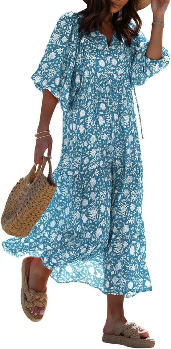 Connecteri  Womens Loose Fit Casual Summer V Neck Half Sleeve Bohemian Geometric Pattern Maxi Long Dresses