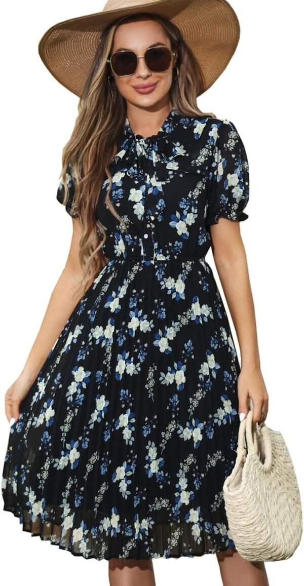 Connecteri  Work Dresses for Women 2023 Long Sleeves Chiffon Black Dress Retro Pleated Buttons Down Bow Tie Loose Causal Dresses