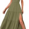 Connecteri  Women's Summer One Shoulder Sleeveless Knot Smocked Midi Dress Split Tiered Flowy Dresses