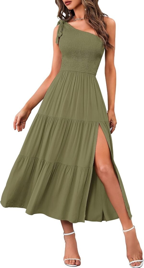 Connecteri  Women's Summer One Shoulder Sleeveless Knot Smocked Midi Dress Split Tiered Flowy Dresses