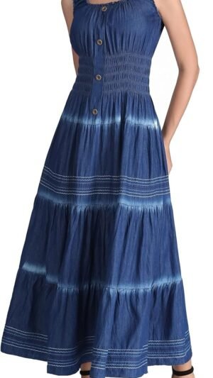 Connecteri  Women's Maxi Dress Sleeveless Denim Long Summer A-line Casual Blue Cotton Boho Flowy Sundresses for Women