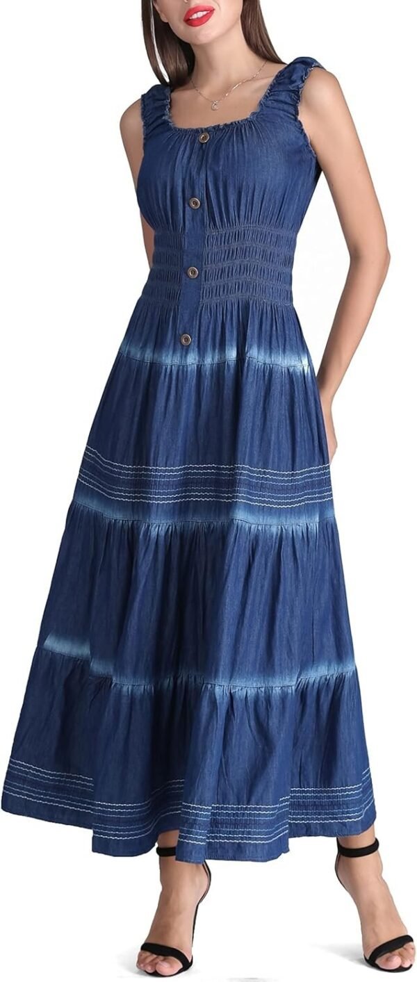 Connecteri  Women's Maxi Dress Sleeveless Denim Long Summer A-line Casual Blue Cotton Boho Flowy Sundresses for Women