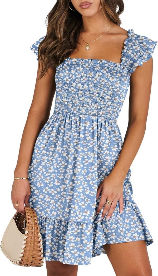 Connecteri  Womens Summer Casual Sleeveless Square Neck Smocked Ruffle Backless Boho Mini Dress 2024 Trendy Short Sundress