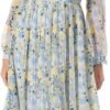 Connecteri  Women Floral Print V Neck Long Sleeves Ruffles Pleated Chiffon Flowy Swing Midi Dress