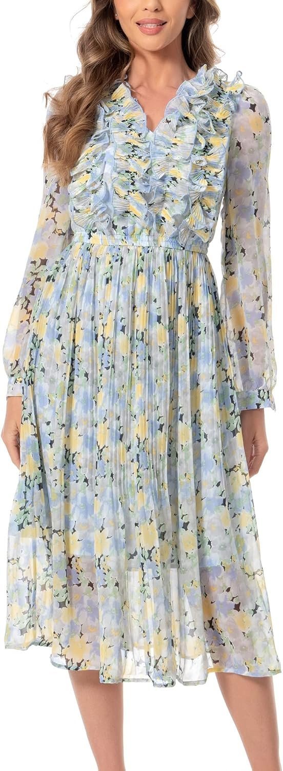 Connecteri  Women Floral Print V Neck Long Sleeves Ruffles Pleated Chiffon Flowy Swing Midi Dress