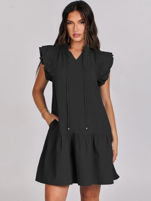 Connecteri  Womens Summer V-Neck Drawstring Ruffle Cap Short Sleeve Casual Shift Mini Dress with Pockets