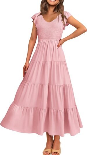 Connecteri  Womens Cap Sleeve V Neck Smocked Beach Sundress
