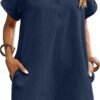 Connecteri  Womens Cotton Shirt Dress Summer Casual Short Sleeve Button Down Beach Cover Up Shirts with Pockets