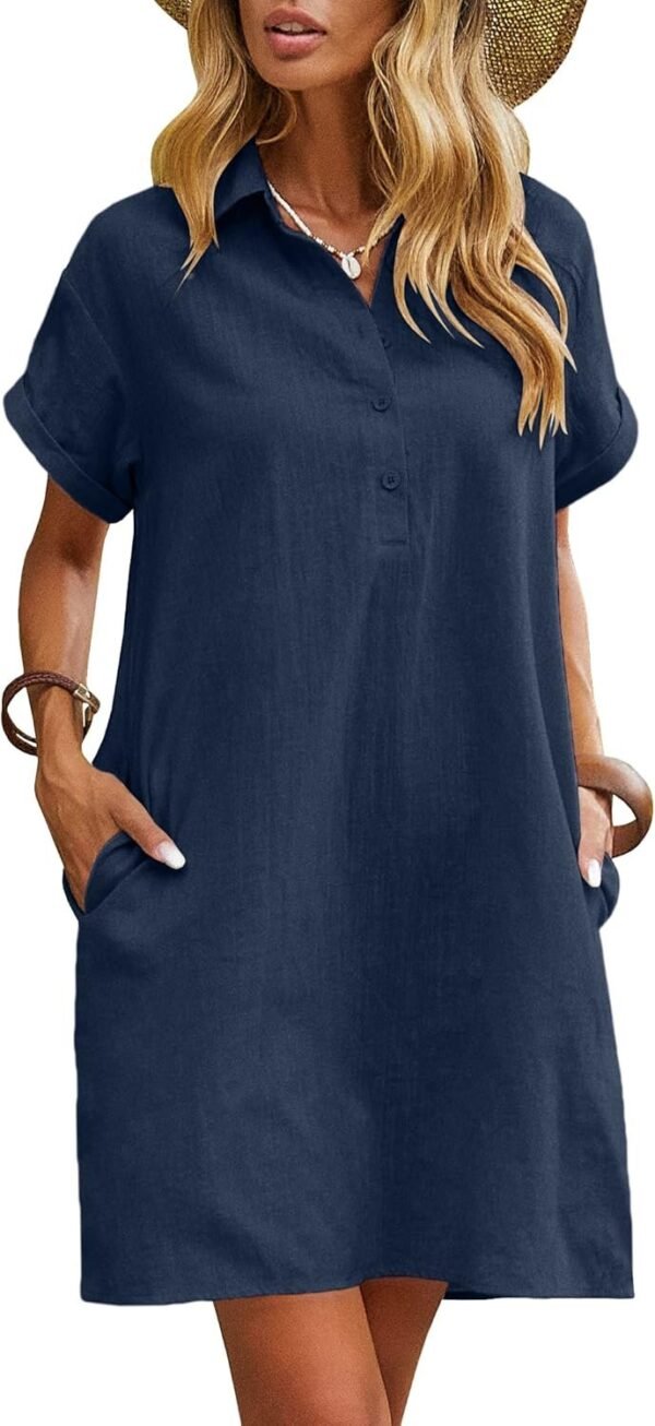 Connecteri  Womens Cotton Shirt Dress Summer Casual Short Sleeve Button Down Beach Cover Up Shirts with Pockets