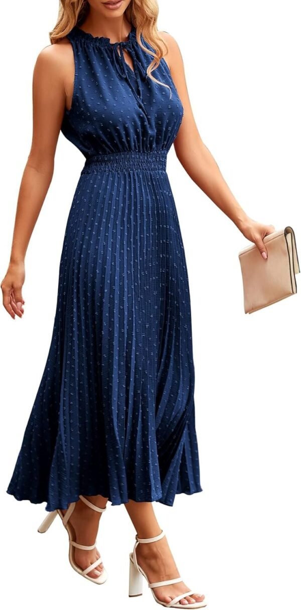 Connecteri?Womens Midi Summer V Neck Swiss Dot Ruffle Sleeveless A Line Beach Sun Dress