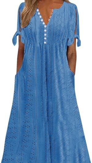 Womens Bohemian Maxi Long Dress Trendy Boho Dresses V Neck Beach Vacation Dress Casual Beachy Outfits with Pockets