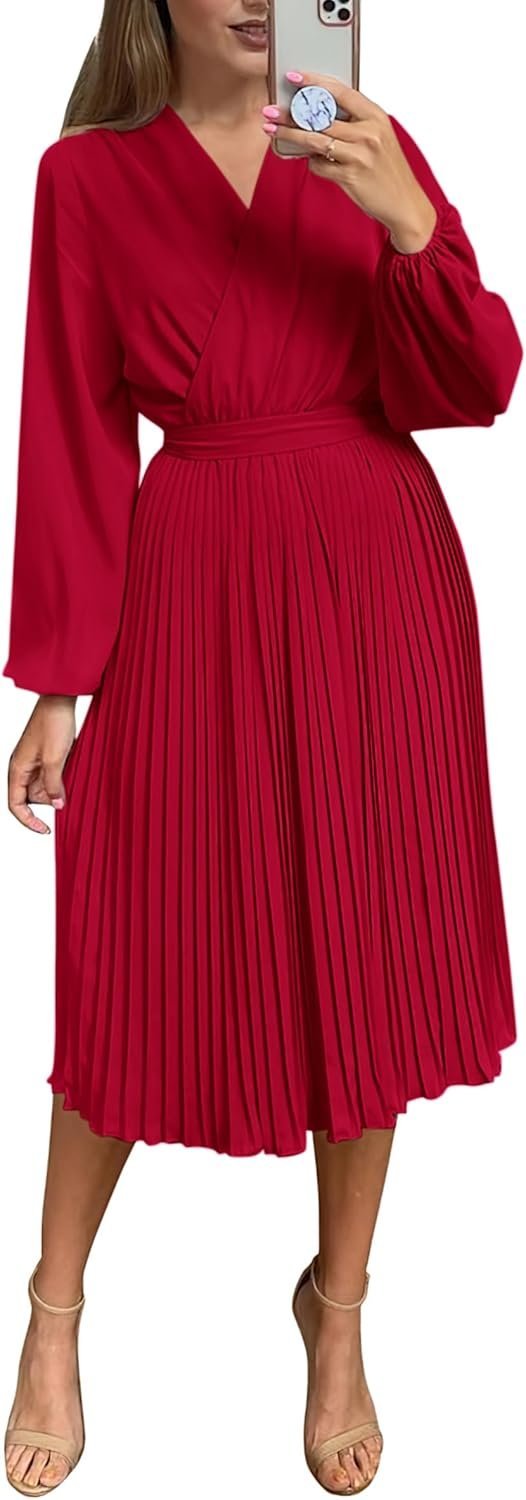 Connecteri  Womens V Neck Flowy Ruffle Pleated Casual Fall Dress
