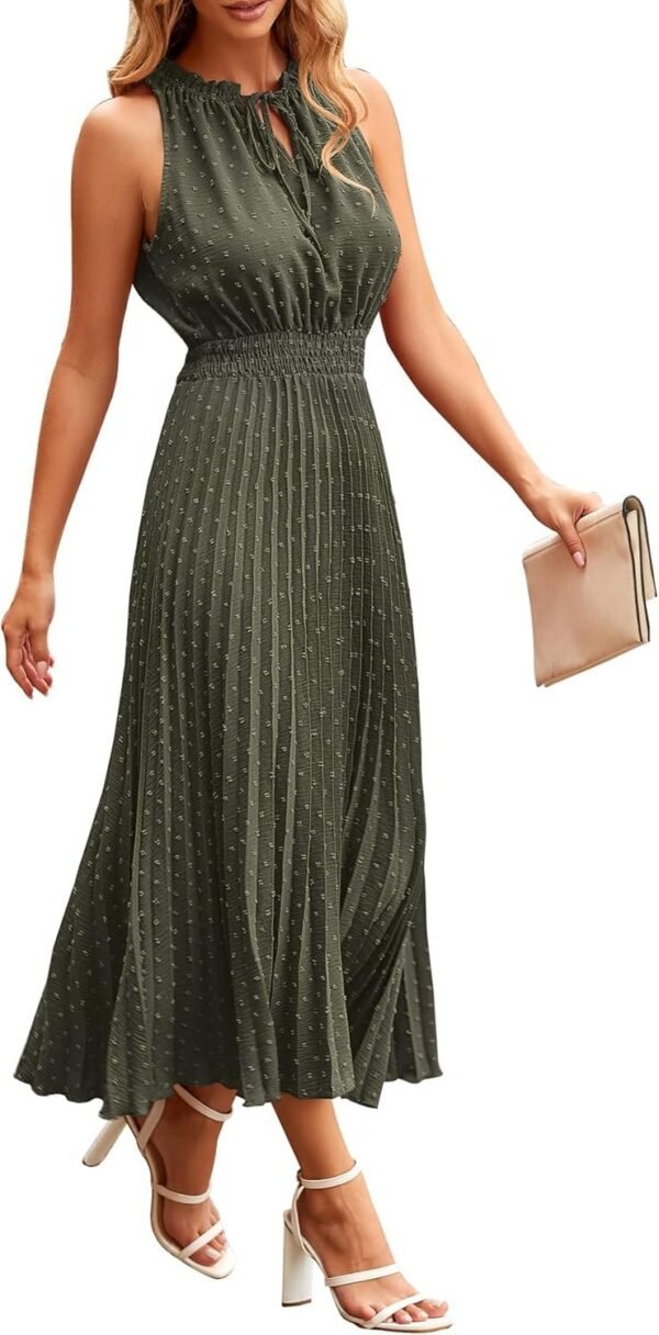 Connecteri?Womens Midi Summer V Neck Swiss Dot Ruffle Sleeveless A Line Beach Sun Dress