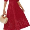 Connecteri Women's 2024 Summer Short Puff Sleeve Crewneck Smocked Floral Lace Flowy A Line Tiered Maxi Dresses
