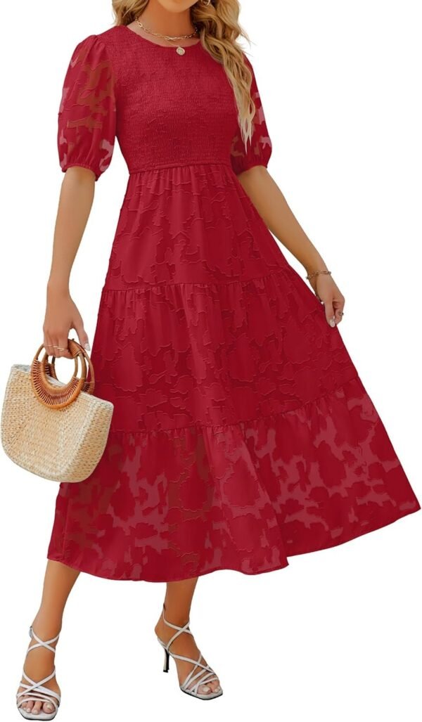 Connecteri Women's 2024 Summer Short Puff Sleeve Crewneck Smocked Floral Lace Flowy A Line Tiered Maxi Dresses
