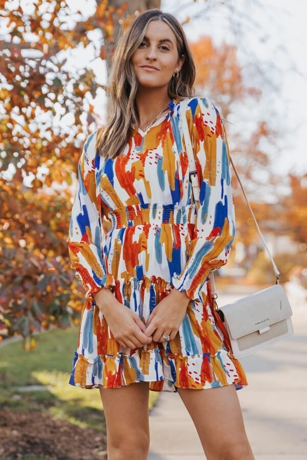 Connecteri  Womens Summer Dresses 2024 Boho Floral Drawstring V Neck Smocked Long Sleeve Ruffle Tiered Chiffon Mini Short Dress