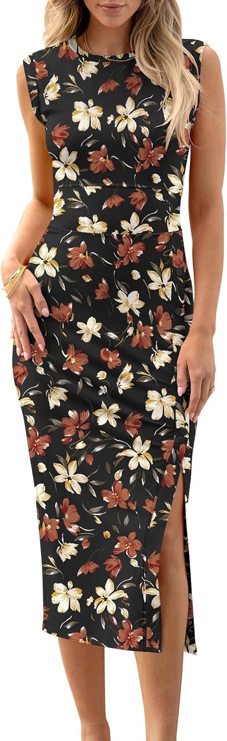 Connecteri  Womens Summer Sleeveless Bodycon Midi Dress Button Slit 2024 Fashion Casual Sundress Cocktail Party Dresses