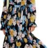 Connecteri  Women's Floral Midi Dress Puff Long Sleeve Casual Ruffle Chiffon A-Line Swing Pleated Belted Tea Party Dresses