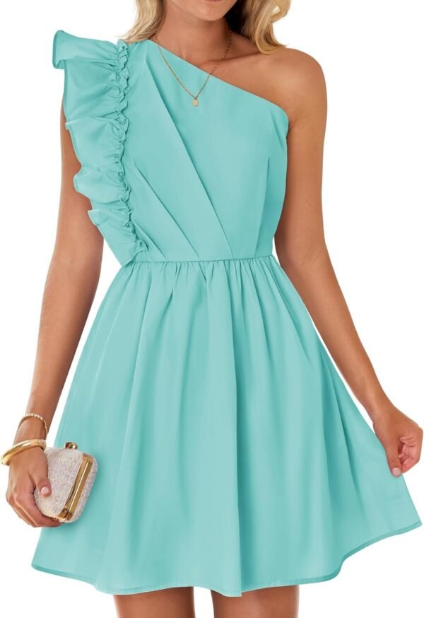 Connecteri Women's Summer One Shoulder Ruffle Dress 2024 Boho Sleeveless Elastic High Waist Swing Mini Dresses