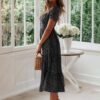 Connecteri  Dresses for Women 2023 Wedding Guest Summer V Neck Short Sleeve Smocked Ruffle Hem A-Line Polka Dot Boho Maxi Dress