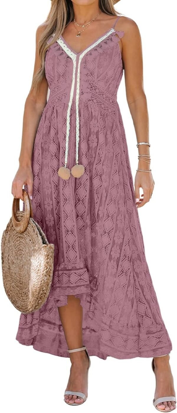Connecteri  Women's Maxi Dress Lace Dresses Boho Tassel V-Neck Flare Ruffle Adjustable Straps Beach Summer Long Dress