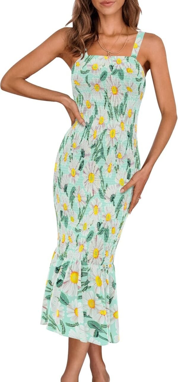 Connecteri Womens Sleeveless Strappy Ruffle Hem Smocked Bodycon Dress