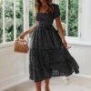 Connecteri  Dresses for Women 2023 Wedding Guest Summer V Neck Short Sleeve Smocked Ruffle Hem A-Line Polka Dot Boho Maxi Dress
