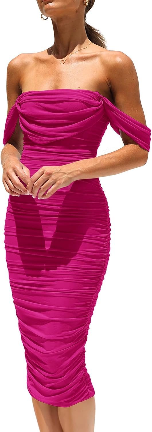 Connecteri?Womens Summer Off The Shoulder Ruched Bodycon Dresses Sleeveless Fitted Party Club Midi