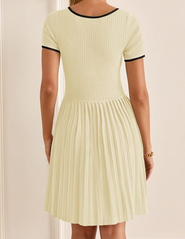Connecteri Women's Ribbed Square Neck Color Block Pleated Mini Dress Short Sleeve A Line Knit Short Dresses