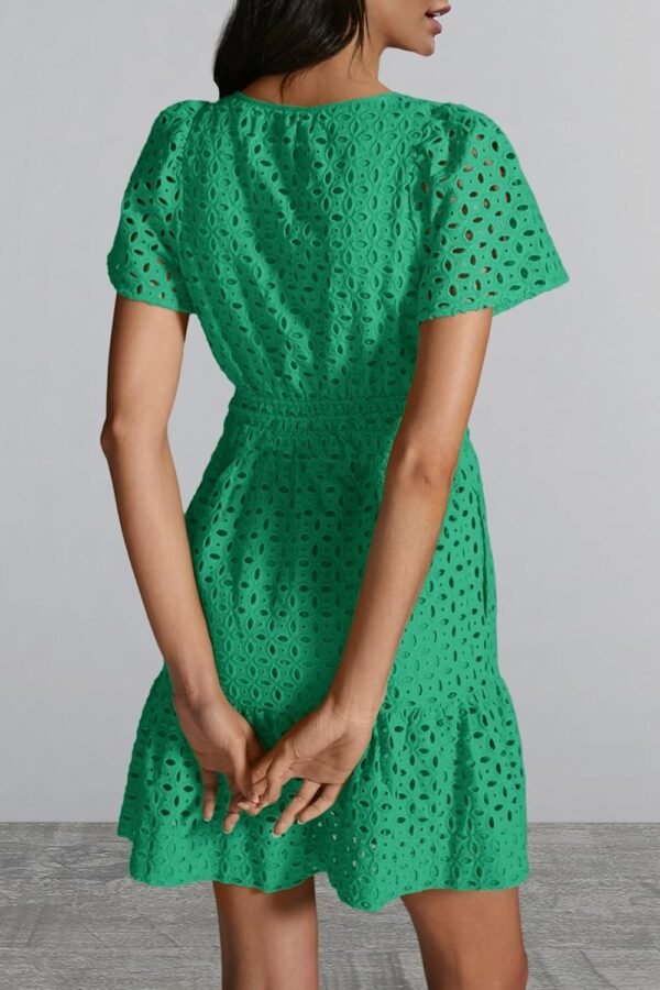 Connecteri  Womens 2024 Summer Short Dress V Neck Short Sleeve A Line Hollow Out Lace Ruffle Cute Casual Beach Party Dresses