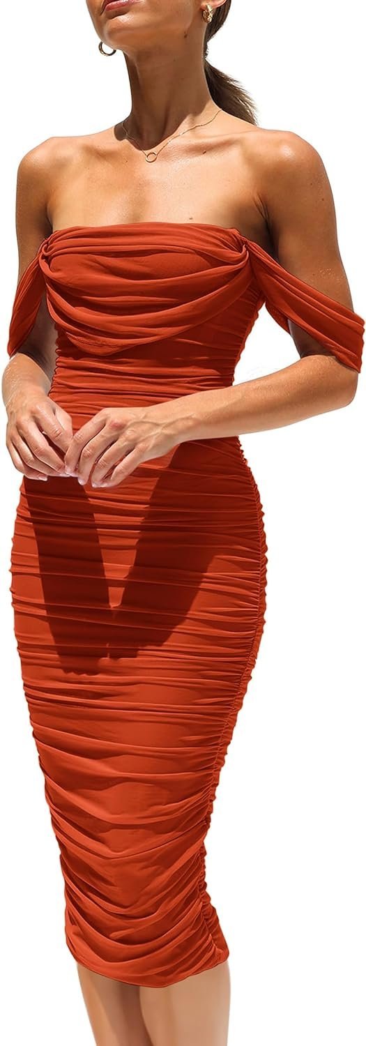 Connecteri?Womens Summer Off The Shoulder Ruched Bodycon Dresses Sleeveless Fitted Party Club Midi