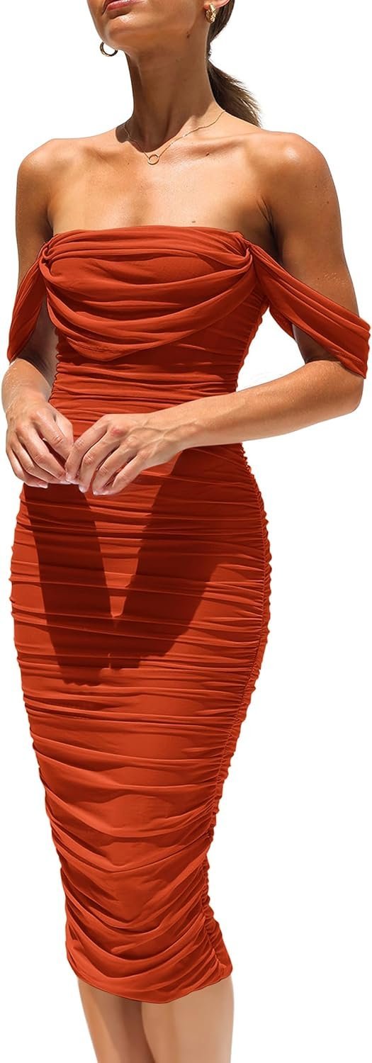 Connecteri?Womens Summer Off The Shoulder Ruched Bodycon Dresses Sleeveless Fitted Party Club Midi