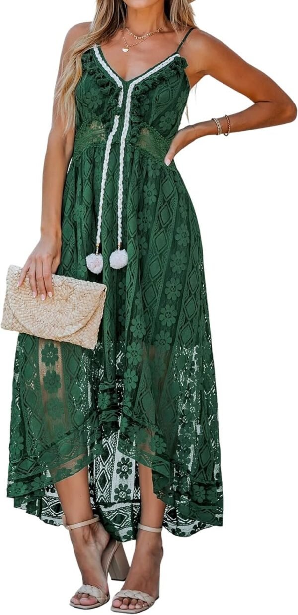 Connecteri  Women's Maxi Dress Lace Dresses Boho Tassel V-Neck Flare Ruffle Adjustable Straps Beach Summer Long Dress