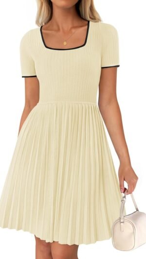 Connecteri Women's Ribbed Square Neck Color Block Pleated Mini Dress Short Sleeve A Line Knit Short Dresses