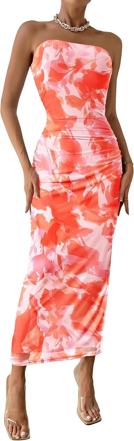 Connecteri  Women's Summer Maxi Bodycon Dresses Strapless Tube Top Printed Long Party Club Slit Dress