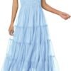 Connecteri?Womens 2024 Summer Casual Sleeveless Smocked Ruffle Tulle Flowy Beach Sundress