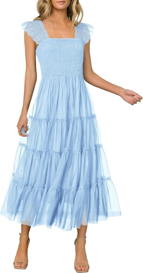 Connecteri?Womens 2024 Summer Casual Sleeveless Smocked Ruffle Tulle Flowy Beach Sundress