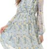 Connecteri  Women Floral Print V Neck Long Sleeves Ruffles Pleated Chiffon Flowy Swing Midi Dress