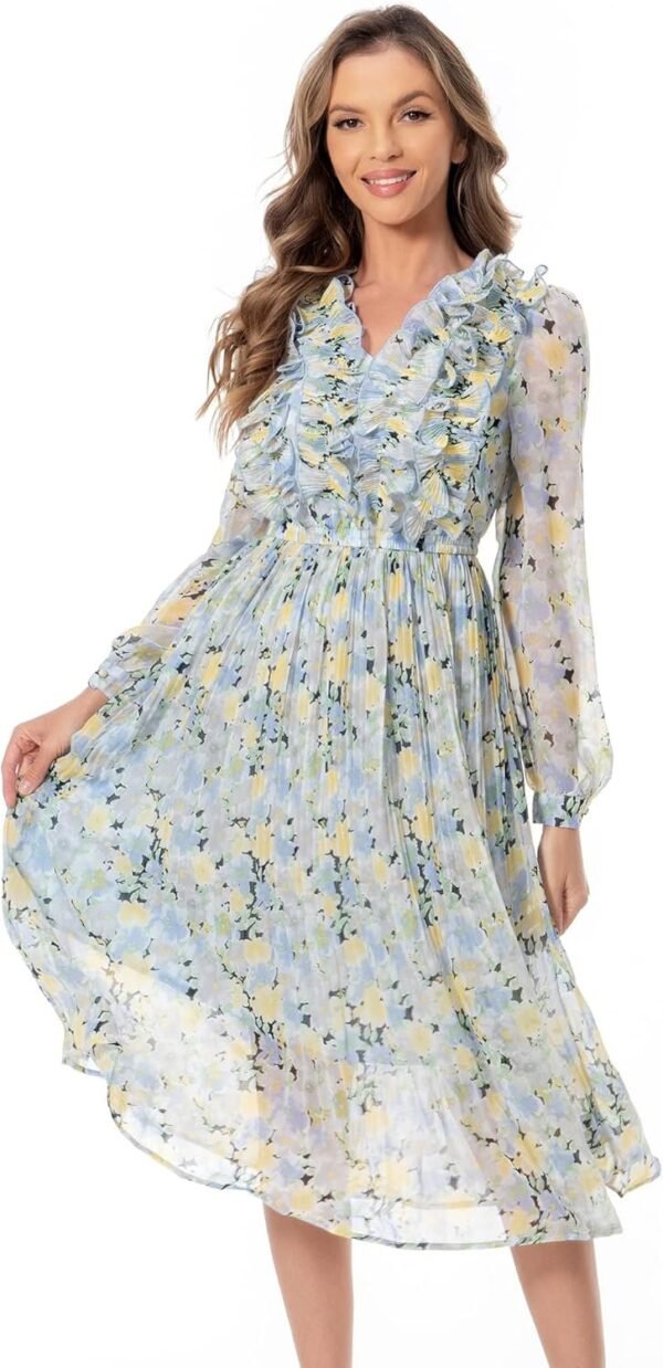 Connecteri  Women Floral Print V Neck Long Sleeves Ruffles Pleated Chiffon Flowy Swing Midi Dress