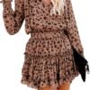 Connecteri  Womens Summer Dresses 2024 Boho Floral Drawstring V Neck Smocked Long Sleeve Ruffle Tiered Chiffon Mini Short Dress