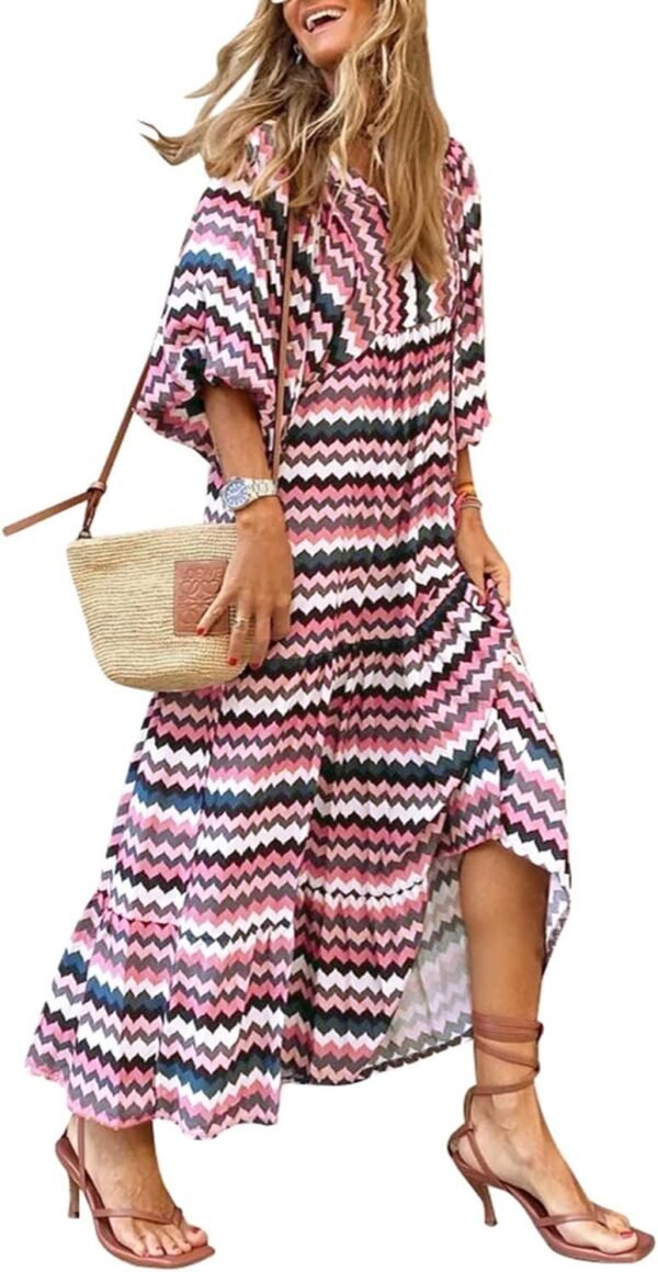 Connecteri  Womens Loose Fit Casual Summer V Neck Half Sleeve Bohemian Geometric Pattern Maxi Long Dresses
