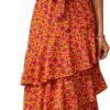 Connecteri?Womens Summer Floral One Shoulder Tiered Ruffle Flowy Midi Beach Boho Dress